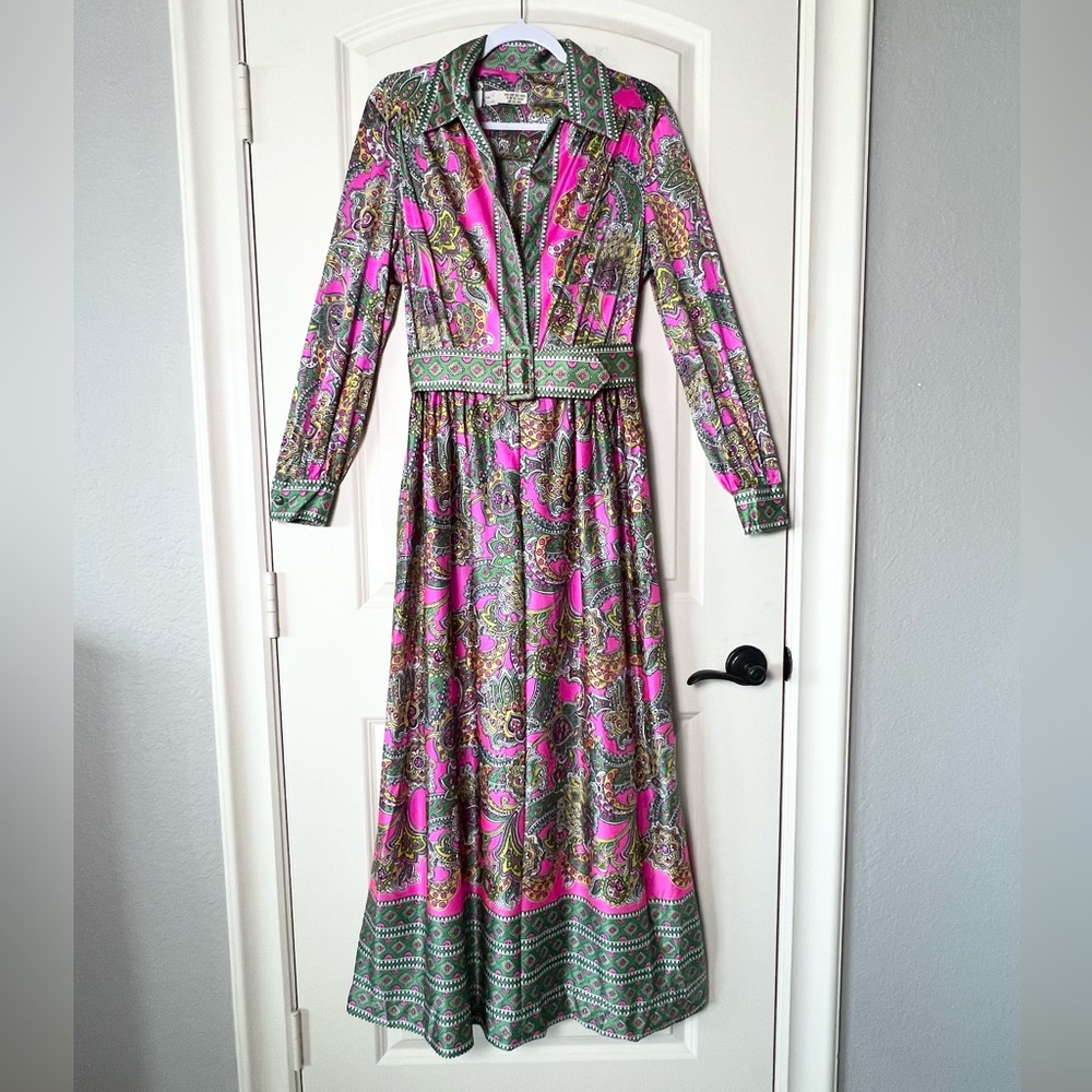 Vintage Domino Fashions Maxi Dress Pink Paisley Pucci Style Belted Size 16